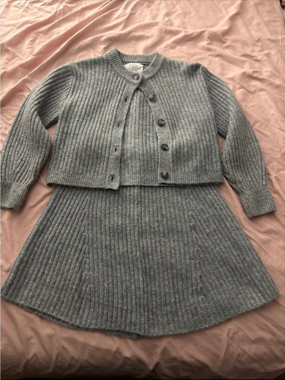 Zara Kids Grey Ribbed Knit Cardigan and Skirt Set